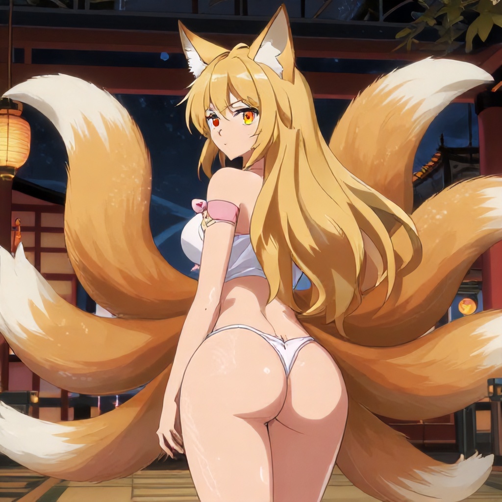 Anime fox girl with multiple tails, golden hair, i — Uncensored AI Image | PornImage.ai